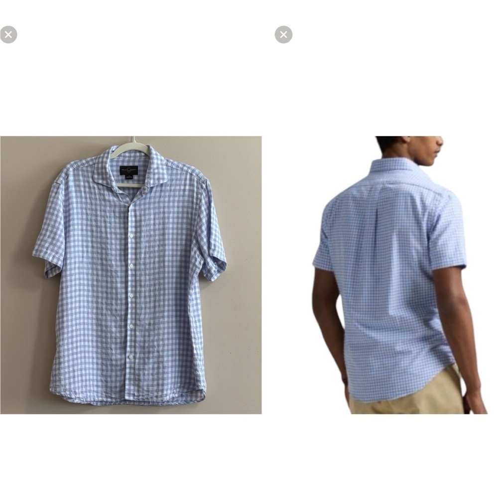 Washable Linen Gingham Short Sleeve Shirt Blue White EUC Black Brown 1826 Sz L